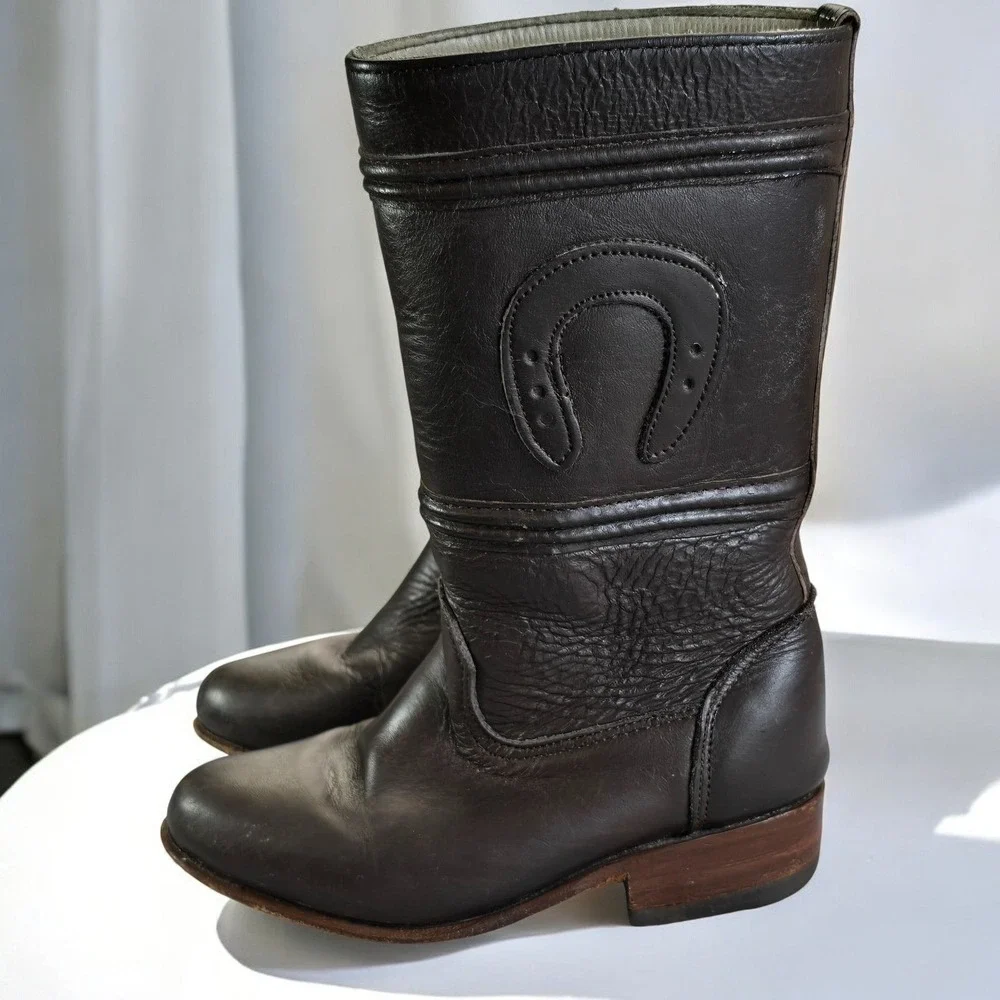 Mor Rom Kids Brown Leather Cowboy Boots with Horseshoe Detail Size 16.5‎